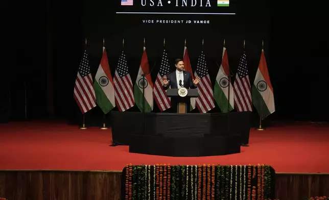 U.S. Vice President JD Vance speaks at the Rajasthan International Center in Jaipur, India, Tuesday, April 22, 2025. (AP Photo/Manish Swarup)