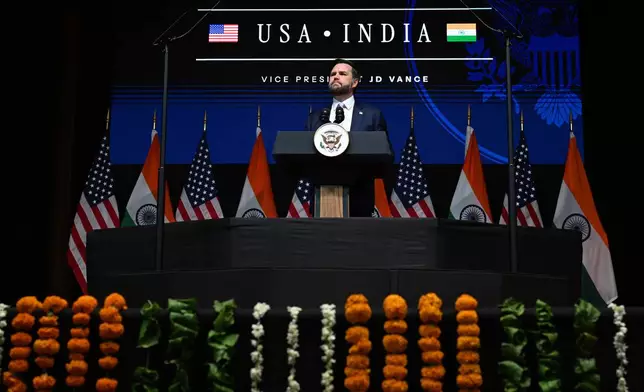 U.S. Vice President JD Vance delivers remarks at the Rajasthan International Centre in Jaipur, India, Tuesday, April 22, 2025. (Kenny Holston/The New York Times via AP, Pool)