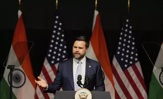 U.S. Vice President JD Vance speaks at the Rajasthan International Center in Jaipur, India, Tuesday, April 22, 2025. (AP Photo/Manish Swarup)