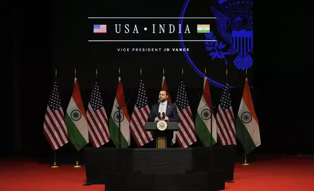 U.S. Vice President JD Vance speaks at the Rajasthan International Center in Jaipur, India, Tuesday, April 22, 2025. (AP Photo/Manish Swarup)