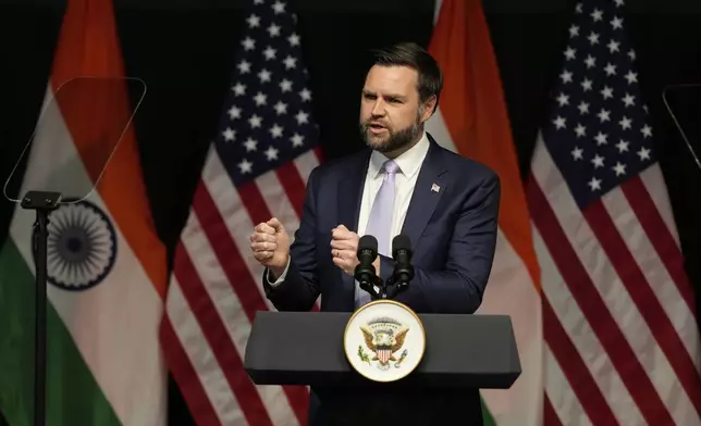 U.S. Vice President JD Vance speaks at the Rajasthan International Center in Jaipur, India, Tuesday, April 22, 2025. (AP Photo/Manish Swarup)