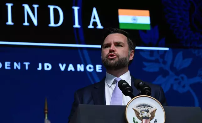 U.S. Vice President JD Vance delivers remarks at the Rajasthan International Centre in Jaipur, India, Tuesday, April 22, 2025. (Kenny Holston/The New York Times via AP, Pool)