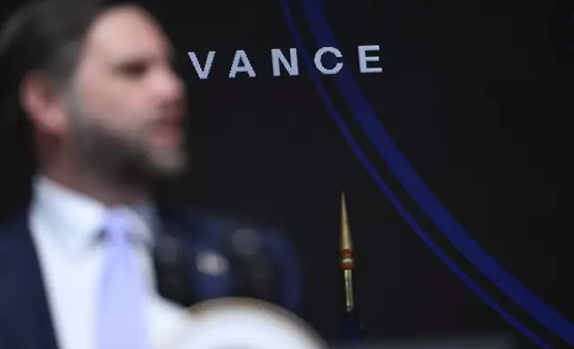U.S. Vice President JD Vance delivers remarks at the Rajasthan International Centre in Jaipur, India, Tuesday, April 22, 2025. (Kenny Holston/The New York Times via AP, Pool)