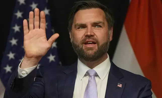 U.S. Vice President JD Vance waves after his speech at the Rajasthan International Center in Jaipur, India, Tuesday, April 22, 2025. (AP Photo/Manish Swarup)