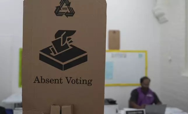 A sign is displayed at a polling place as early voting begins in Sydney, Tuesday, April 22, 2025, for a national election to be held on May 3. (AP Photo/Mark Baker)