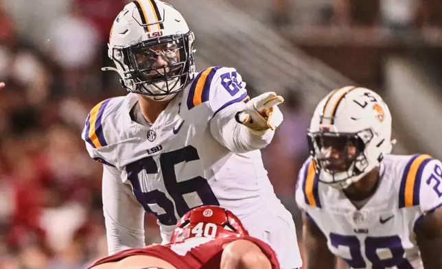 FILE - LSU offensive lineman Will Campbell (66) gets ready to run a play against Arkansas during an NCAA college football game Saturday, Oct. 19, 2024, in Fayetteville, Ark. (AP Photo/Michael Woods, File)
