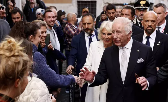 Britain's King Charles III and Queen Camilla in Rome, Wednesday, April 9, 2025. (Vincenzo Livieri, Pool Photo via AP)