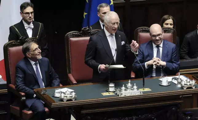 Britain's King Charles addresses the Italian Chamber of Deputies in Rome, Wednesday, April 9, 2025. (Mauro Scrobogna/LaPresse via AP)