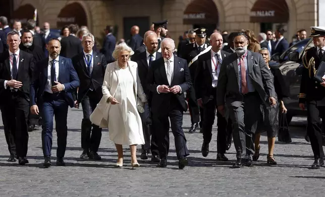 Britain's King Charles III and Queen Camilla in Rome, Wednesday, April 9, 2025. (Vincenzo Livieri, Pool Photo via AP)