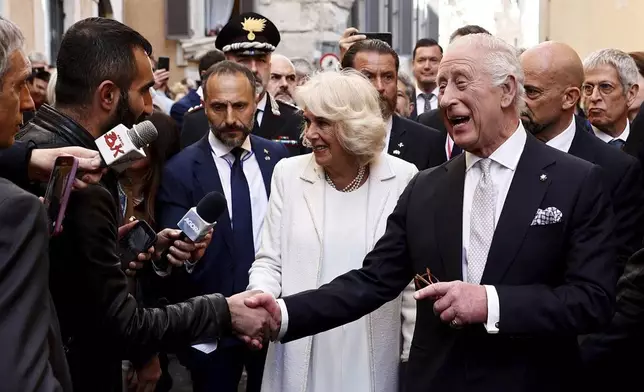 Britain's King Charles III and Queen Camilla in Rome, Wednesday, April 9, 2025. (Vincenzo Livieri, Pool Photo via AP)