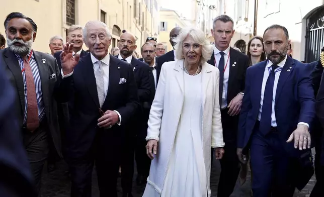 Britain's King Charles III and Queen Camilla in Rome, Wednesday, April 9, 2025. (Vincenzo Livieri, Pool Photo via AP)