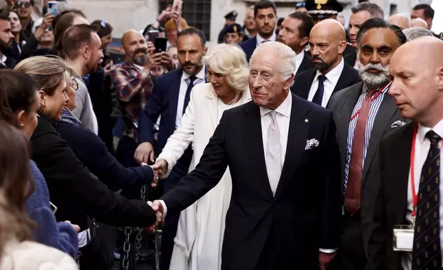 Britain's King Charles III and Queen Camilla in Rome, Wednesday, April 9, 2025. (Vincenzo Livieri, Pool Photo via AP)