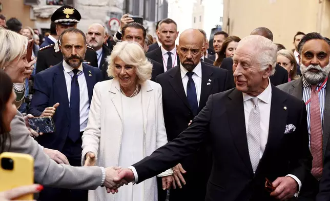 Britain's King Charles III and Queen Camilla in Rome, Wednesday, April 9, 2025. (Vincenzo Livieri, Pool Photo via AP)