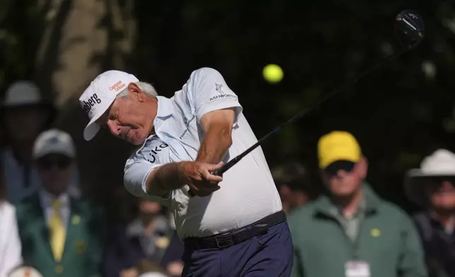 Fred Couples hits his tee shot on the seventh hole during the first round at the Masters golf tournament, Thursday, April 10, 2025, in Augusta, Ga. (AP Photo/Matt Slocum)
