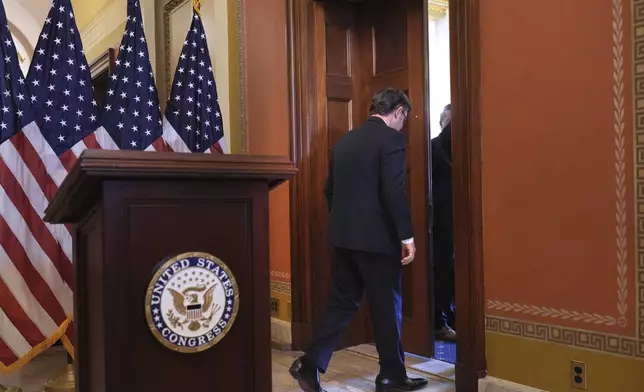 Speaker of the House Mike Johnson, R-La., departs after he and Senate Majority Leader John Thune, R-S.D., made statements to reporters ahead of a vote in the House to pass a bill on President Donald Trump's top domestic priorities of spending reductions and tax breaks, at the Capitol in Washington, Thursday, April 10, 2025. (AP Photo/J. Scott Applewhite)