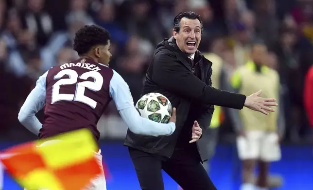 Aston Villa manager Unai Emery gestures during the Champions League quarterfinal second leg soccer match between Aston Villa and Paris Saint-Germain at the Villa Park stadium, in Birmingham, England, Tuesday, April 15, 2025. (David Davies/PA via AP)