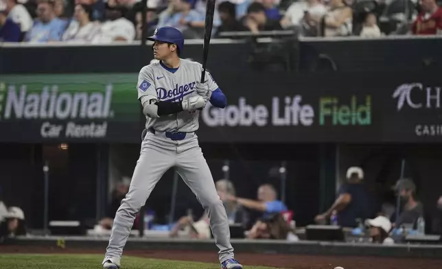 Los Angeles Dodgers' Shohei Ohtani stands on deck in the eighth inning of a baseball game against the Texas Rangers in Arlington, Texas, Sunday, April 20, 2025. (AP Photo/Tony Gutierrez)