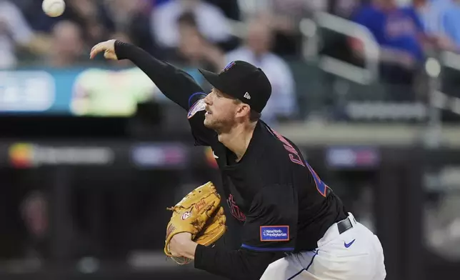 New York Mets' Griffin Canning pitches during the first innting of a baseball game against the Philadelphia Phillies Tuesday, April 22, 2025, in New York. (AP Photo/Frank Franklin II)