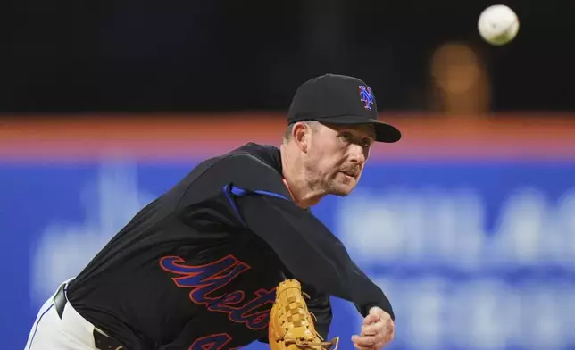 New York Mets' Griffin Canning pitches during the second inning of a baseball game against the Philadelphia Phillies Tuesday, April 22, 2025, in New York. (AP Photo/Frank Franklin II)