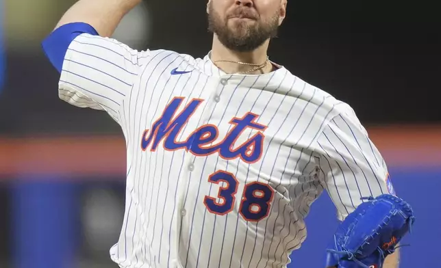 New York Mets' Tylor Megill pitches dsecond inning of a baseball game against the Philadelphia Phillies Monday, April 21, 2025, in New York. (AP Photo/Frank Franklin II)