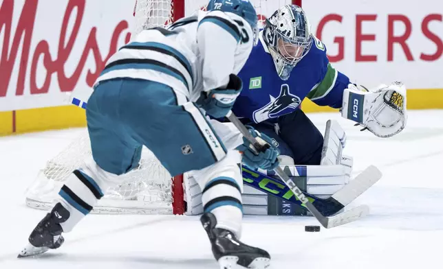 Vancouver Canucks goaltender Nikita Tolopilo, right, stops San Jose Sharks' William Eklund, left, during the second period of an NHL hockey game in Vancouver, British Columbia, Monday, April 14, 2025. (Ethan Cairns/The Canadian Press via AP)