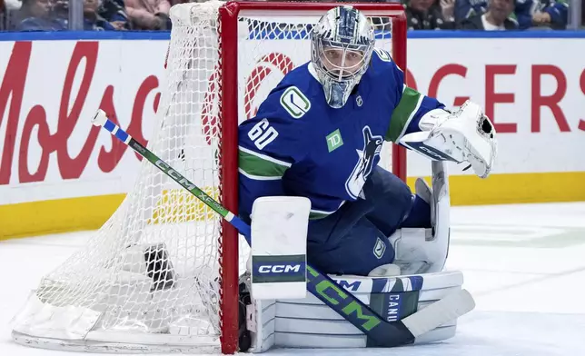 Vancouver Canucks goaltender Nikita Tolopilo watches the puck during the second period of an NHL hockey game against the San Jose Sharks in Vancouver, British Columbia, Monday, April 14, 2025. (Ethan Cairns/The Canadian Press via AP)