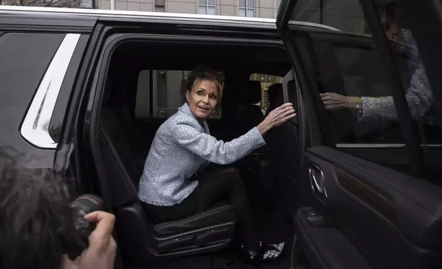 Former Alaska Gov. Sarah Palin leaves Manhattan federal court, after testifying in her defamation trial against the New York Times, Monday, April 21, 2025, in New York. (AP Photo/Yuki Iwamura)