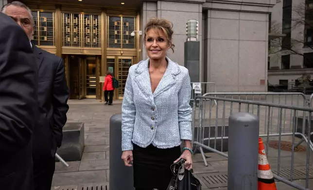 Former Alaska Gov. Sarah Palin leaves Manhattan federal court, after testifying in her defamation trial against the New York Times, Monday, April 21, 2025, in New York. (AP Photo/Yuki Iwamura)
