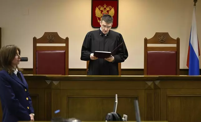 Russia's Supreme Court judge Oleg Nefyodov delivers a verdict lifting a ban on Afghanistan's Taliban, who were designated as a terrorist group more than two decades ago, in Moscow, Russia, Thursday, April 17, 2025. (AP Photo/Dmitry Serebryakov)