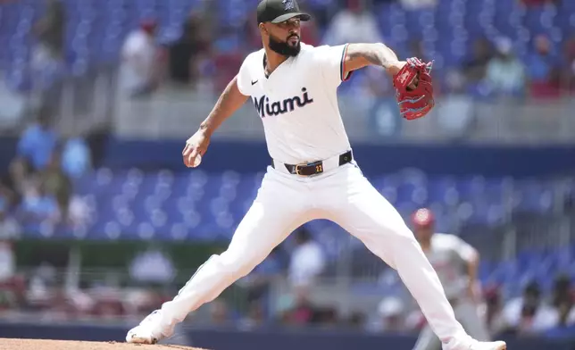 Miami Marlins starting pitcher Sandy Alcantara throws during the first inning of a baseball game against the Cincinnati Reds, Wednesday, April 23, 2025, in Miami. (AP Photo/Lynne Sladky)