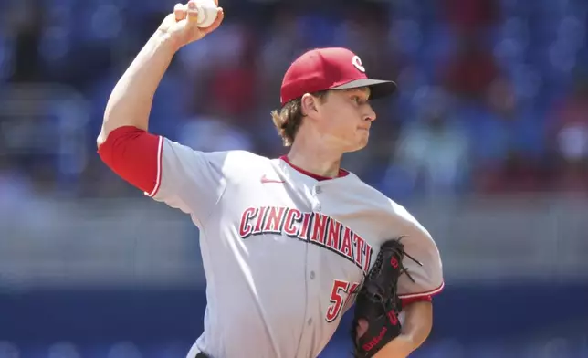 Cincinnati Reds starting pitcher Brady Singer throws during the first inning of a baseball game against the Miami Marlins, Wednesday, April 23, 2025, in Miami. (AP Photo/Lynne Sladky)