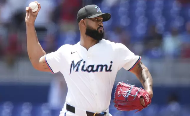 Miami Marlins starting pitcher Sandy Alcantara throws during the first inning of a baseball game against the Cincinnati Reds, Wednesday, April 23, 2025, in Miami. (AP Photo/Lynne Sladky)