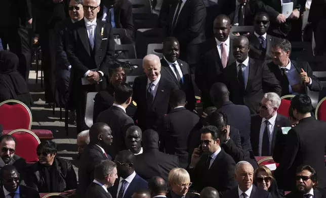Former President Joe Biden, arrives for the funeral of Pope Francis in St. Peter's Square at the Vatican, Saturday, April 26, 2025. (AP Photo/Evan Vucci)