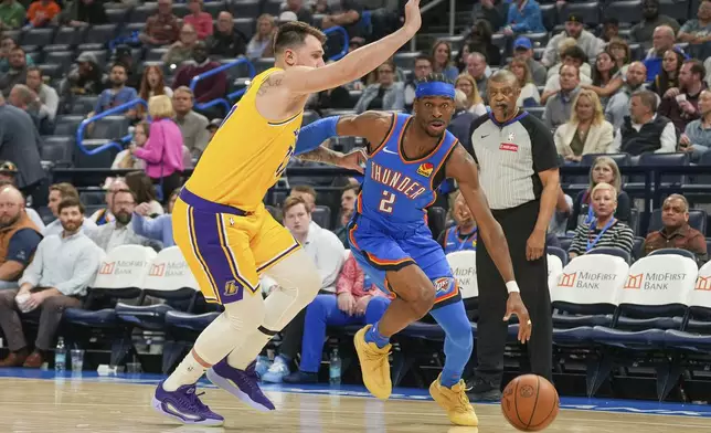 Oklahoma City Thunder guard Shai Gilgeous-Alexander, right, drives past Los Angeles Lakers guard Luka Doncic, left, during the second half of an NBA basketball game, Tuesday, April 8, 2025, in Oklahoma City. (AP Photo/Kyle Phillips)