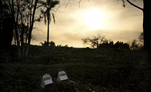 A pair of mailboxes collapse into the bushes along Old Coach Drive after the Mountain Fire burned through the area Wednesday, April 16, 2025, in Camarillo, Calif. (AP Photo/Wally Skalij)