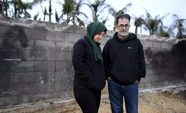 Hatim Naim and his wife Samah stand in a shell of what was their house after it burned in the Mountain Fire Wednesday, April 16, 2025, in Somis, Calif. (AP Photo/Wally Skalij)