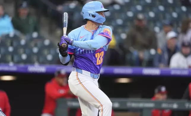 Colorado Rockies' Mickey Moniak follows the flight of his triple to drive in two runs off Washington Nationals starting pitcher Brad Lord in the fourth inning of Game 2 of a split baseball doubleheader Sunday, April 20, 2025, in Denver. (AP Photo/David Zalubowski)