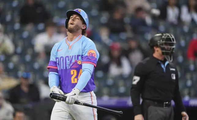 Colorado Rockies' Ryan McMahon reacts after being called out on strikes against Washington Nationals relief pitcher Colin Poche in the fifth inning of Game 2 of a split baseball doubleheader Sunday, April 20, 2025, in Denver. (AP Photo/David Zalubowski)