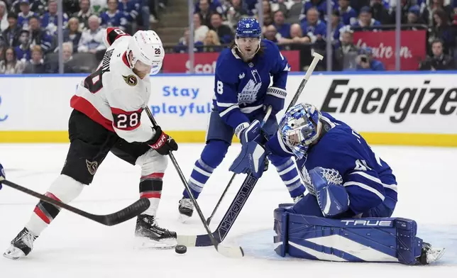 Toronto Maple Leafs' goaltender Anthony Stolarz (41) makes a save on Ottawa Senators' Claude Giroux (28) as Chris Tanev (8) looks for the rebound during third period NHL playoff action in Toronto, on Sunday, April 20, 2025. (Frank Gunn/The Canadian Press via AP)