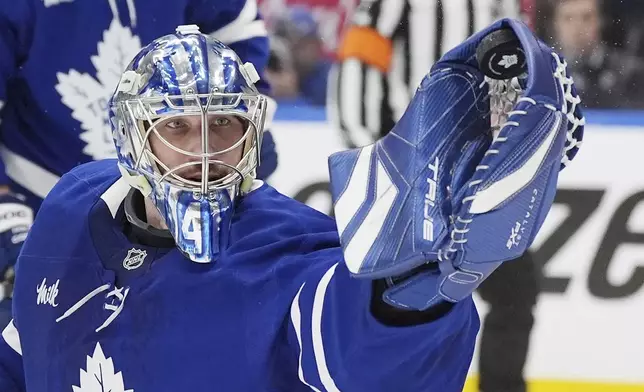 Toronto Maple Leafs' goaltender Anthony Stolarz (41) makes a save against the Ottawa Senators during third period NHL playoff action in Toronto, on Sunday, April 20, 2025. (Frank Gunn/The Canadian Press via AP)