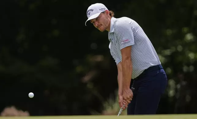 Rasmus Hojgaard, of Denmark, chips onto the 2nd green during the final round of the PGA Zurich Classic golf tournament at TPC Louisiana in Avondale, La., Sunday, April 27, 2025. (AP Photo/Gerald Herbert)