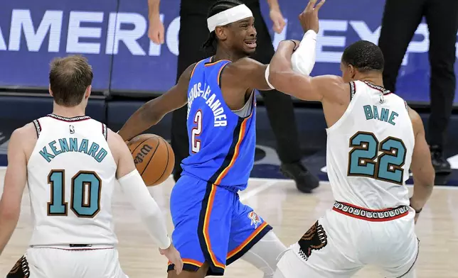 Oklahoma City Thunder guard Shai Gilgeous-Alexander (2) handles the ball against Memphis Grizzlies guard Desmond Bane (22) in the second half of Game 3 of an NBA first-round playoff series Thursday, April 24, 2025, in Memphis, Tenn. (AP Photo/Brandon Dill)