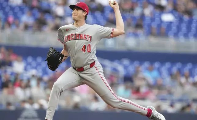 Cincinnati Reds starting pitcher Nick Lodolo throws during the first inning of a baseball game against the Miami Marlins, Monday, April 21, 2025, in Miami. (AP Photo/Lynne Sladky)