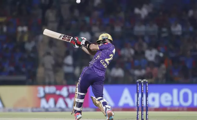 Kolkata Knight Riders' Rahamanullah Gurbaz plays a shot during the Indian Premier League cricket match between Delhi Capitals and Kolkata Knight Riders at Arun Jaitley Stadium in New Delhi, India, Tuesday, April 29, 2025. (AP Photo)