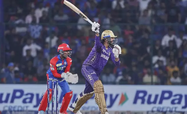 Kolkata Knight Riders' Venkatesh Iyer plays a shot during the Indian Premier League cricket match between Delhi Capitals and Kolkata Knight Riders at Arun Jaitley Stadium in New Delhi, India, Tuesday, April 29, 2025. (AP Photo)
