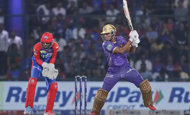 Kolkata Knight Riders' Angkrish Raghuvanshi plays a shot during the Indian Premier League cricket match between Delhi Capitals and Kolkata Knight Riders at Arun Jaitley Stadium in New Delhi, India, Tuesday, April 29, 2025. (AP Photo)