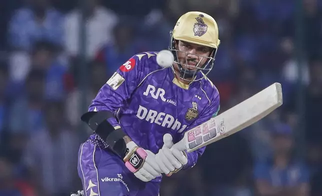 Kolkata Knight Riders' Sunil Narine plays a shot during the Indian Premier League cricket match between Delhi Capitals and Kolkata Knight Riders at Arun Jaitley Stadium in New Delhi, India, Tuesday, April 29, 2025. (AP Photo)