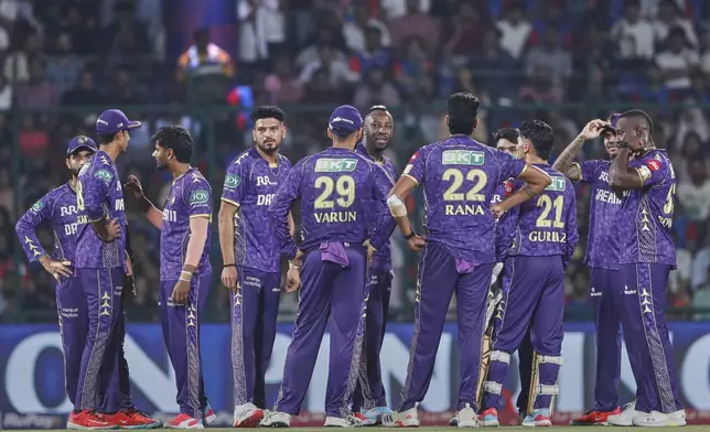 Kolkata Knight Riders players celebrates the dismissal of Delhi Capitals' Karun Nair during the Indian Premier League cricket match between Delhi Capitals and Kolkata Knight Riders at Arun Jaitley Stadium in New Delhi, India, Tuesday, April 29, 2025. (AP Photo)