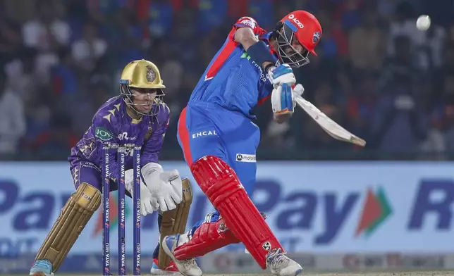 Delhi Capitals' Axar Patel plays a shot during the Indian Premier League cricket match between Delhi Capitals and Kolkata Knight Riders at Arun Jaitley Stadium in New Delhi, India, Tuesday, April 29, 2025. (AP Photo)