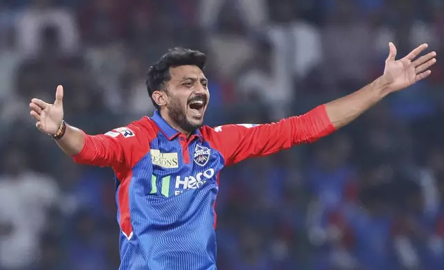 Delhi Capitals' captain Axar Patel appeals successfully for the wicket of Kolkata Knight Riders' captain Ajinkya Rahane during the Indian Premier League cricket match between Delhi Capitals and Kolkata Knight Riders at Arun Jaitley Stadium in New Delhi, India, Tuesday, April 29, 2025. (AP Photo)